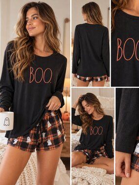 Rae Dunn BOO Black Long Sleeve Shirt Pajama Top Black & Orange Sz S